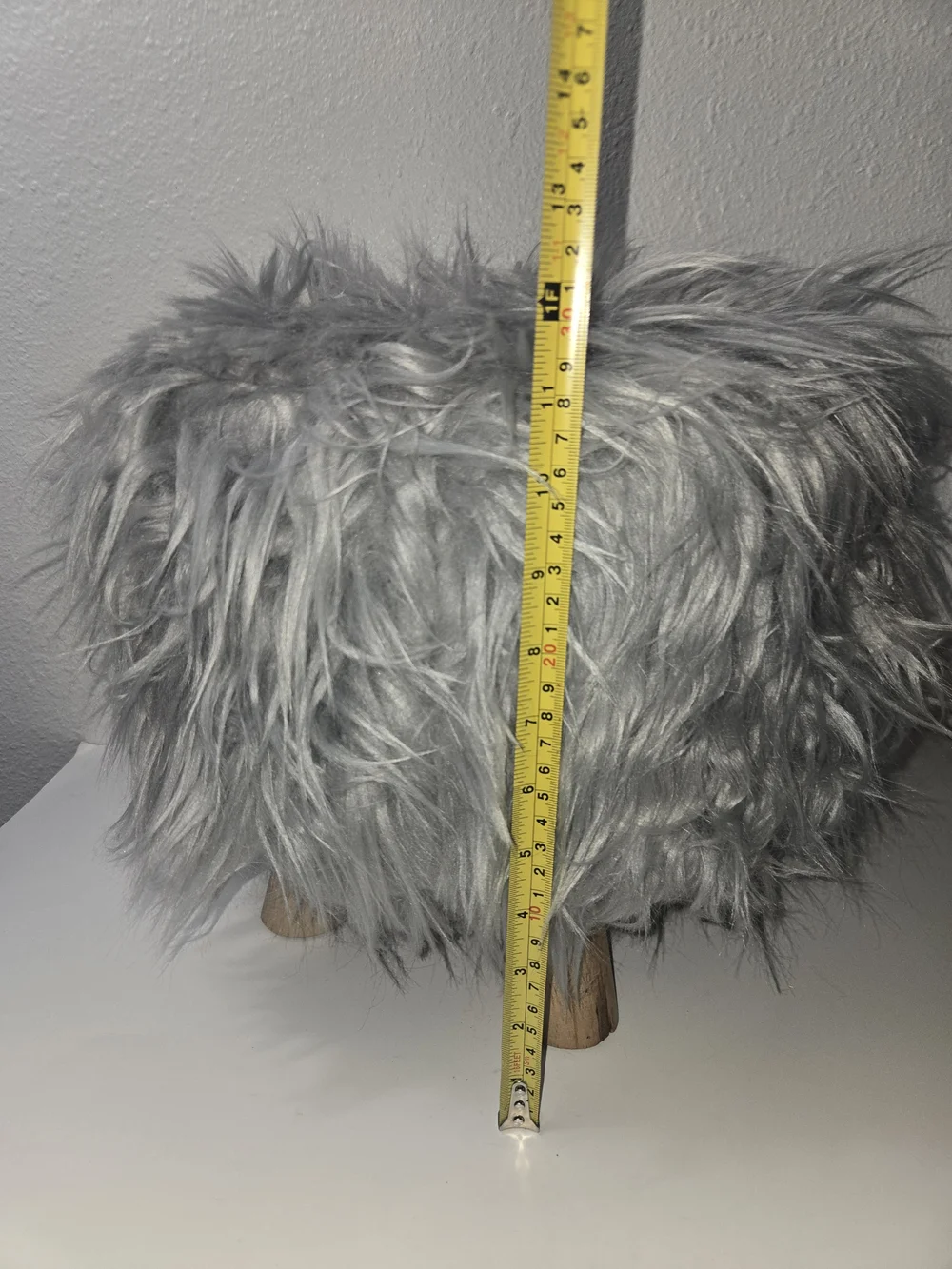 Faux Fur Gray Accent Stool with Wooden Legs